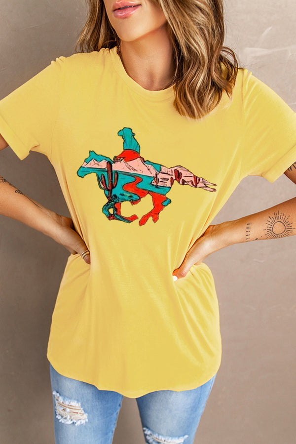 Yellow Western Cowboy Graphic Print Short Sleeve T-shirt