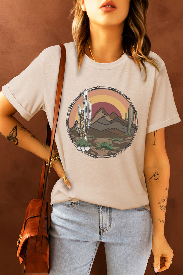 Khaki Western Cactus Mountain Color Block Graphic T-shirt