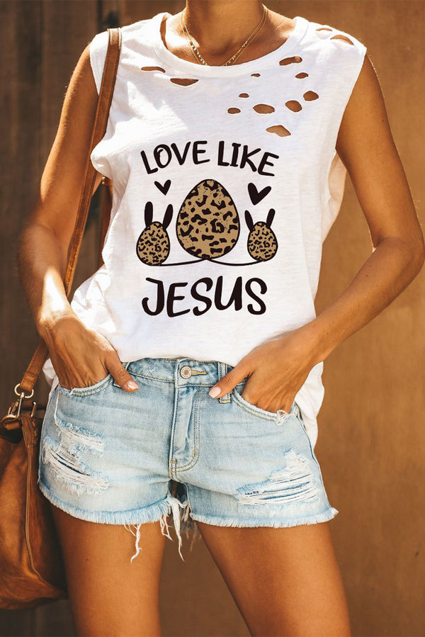White Casual Letter Leopard Print Easter Day Cut Out Tank Top